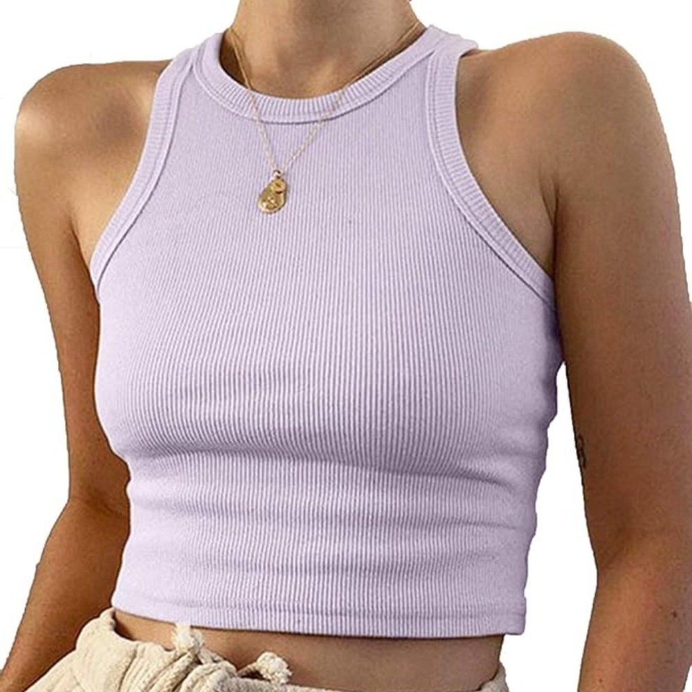 MISSACTIVER Basic Sleeveless Vest Crop Tank Top Casual Crew Neck Lavendar